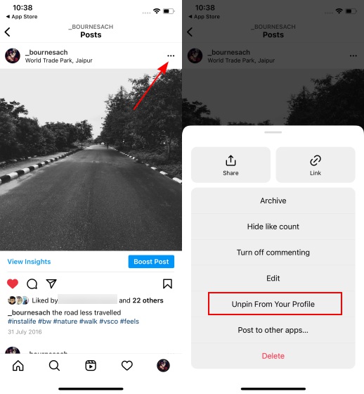 ప్రొఫైల్ నుండి పోస్ట్లను అన్పిన్ చేయండి